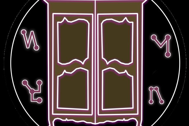 Pictogramme d'une armoire à deux portes et de runes roses dans un disque noir, salle L'armoire magique chez No escape