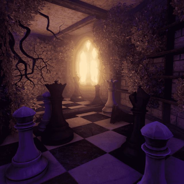 Pièces d'échecs violettes géantes sur un damier, devant une fenêtre ogivale lumineuse, salle Alice chez Inoui VR
