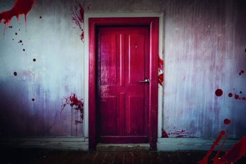 Porte rouge dans un couloir blanc éclaboussé de sang, visuel de LockedUp à Lieusaint
