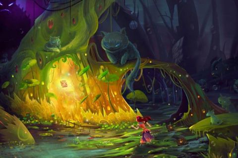 Forêt de conte aux couleurs vertes et dorées avec un chat à rayures dans l'ombre, salle Crazy chez Crazy Rooms