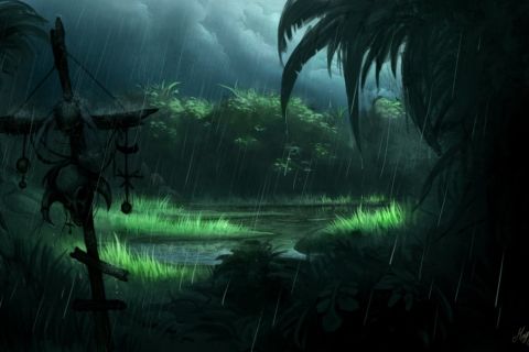 Marais sombre sous l'orage avec une croix de bois et des lueurs vertes, salle Vaudou chez Escape Yourself au Mans