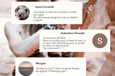 Femme en peau de bête et trois avis de joueurs superposés, mention Je capte pas, Tête Chercheuse à Mérignac