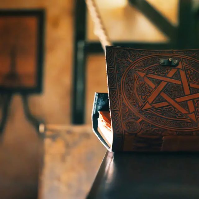 Livre à pentacle posé sur un meuble devant un mur à colombages, salle Le donjon de l'alchimiste à Saint-Herblain