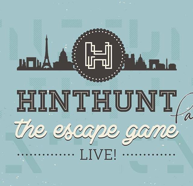 Logo de HintHunt, escape game à Paris, avec skyline parisien et lettrage vintage