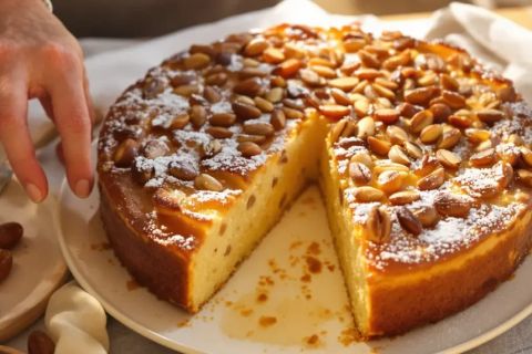 Gâteau aux amandes entamé et main prenant une part, visuel des salles de Destination Danger 88 à Saint-Dié-des-Vosges