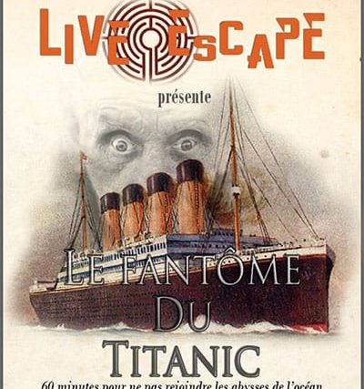 Logo Live Escape avec paquebot Titanic et visage spectral, ambiance historique et mystérieuse