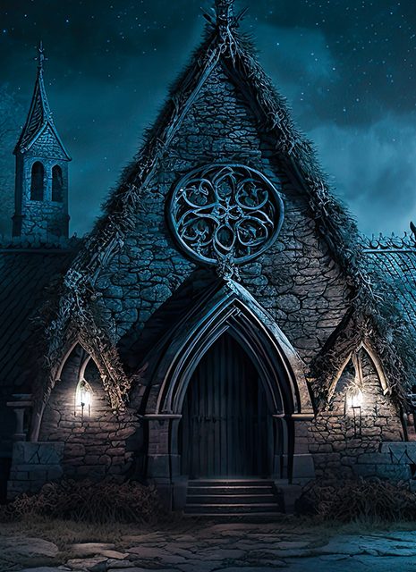 Église gothique de pierre sous un ciel de nuit, porte en ogive éclairée, salle Le trésor du dragon chez Norden Escape à Calais