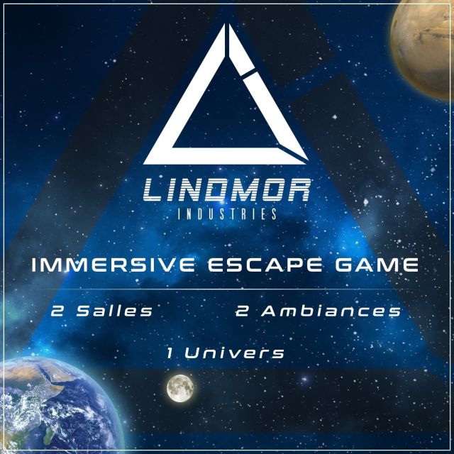 Affiche étoilée au triangle blanc Lindmor Industries et planètes, enseigne escape game de Plaisance-du-Touch