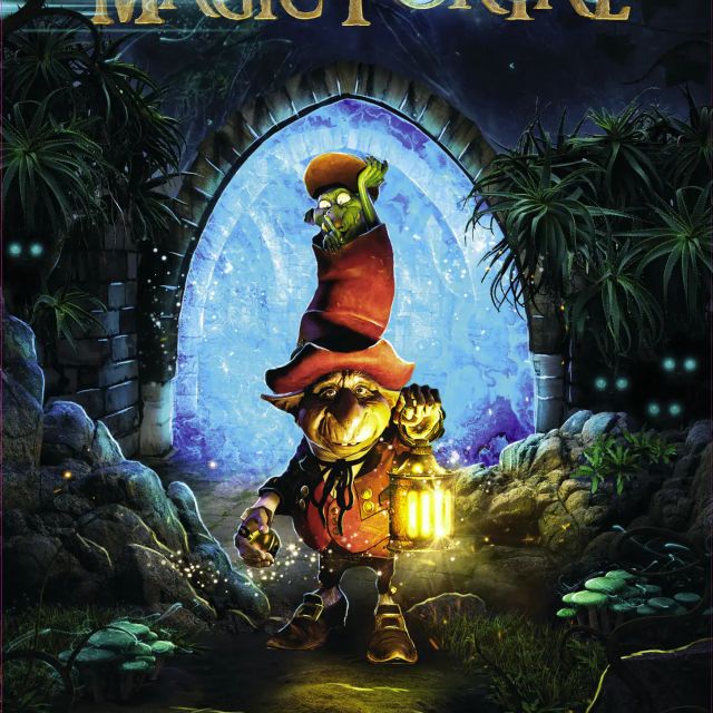 Gobelin au chapeau rouge tenant une lanterne devant un portail bleu, Portail Magique