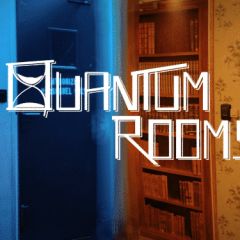 Logo Quantum Rooms en lettres blanches devant une chambre bleue et un bureau orange, escape game à Clamart