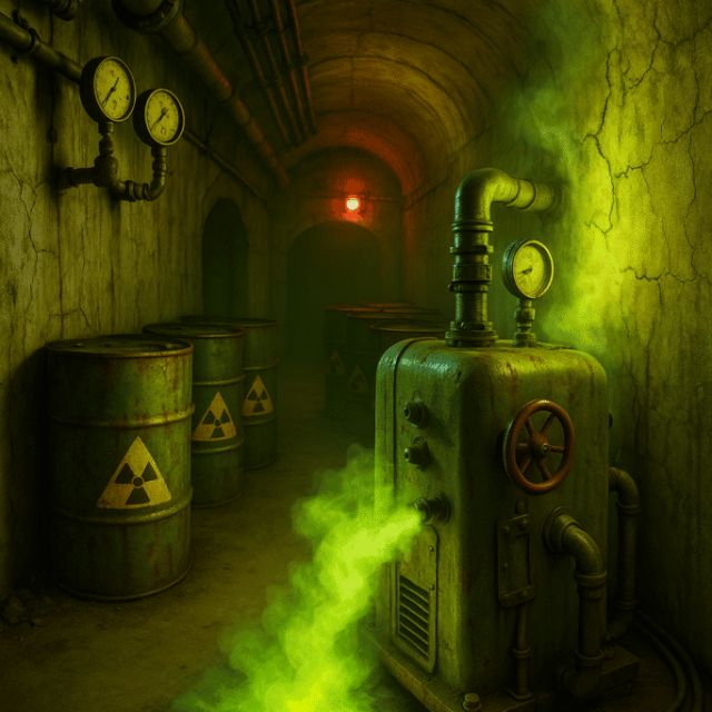 Tunnel de brique verdâtre avec fûts radioactifs et fumée verte, salle Alerte sous le fort chez Bureau 401 à Grand-Charmont