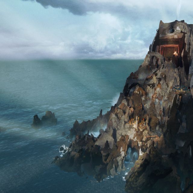 Grand rocher escarpé au milieu de la mer sous un ciel nuageux, rayons de lumière, jeu Ascenders chez Inoui VR à Lille