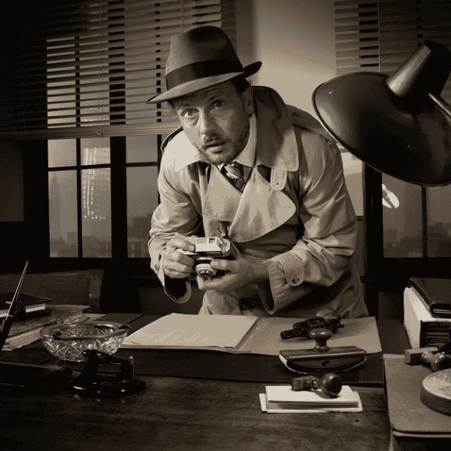 Détective en costume dans un bureau des années 1950, enquêtant sur une menace dans la salle Bombe