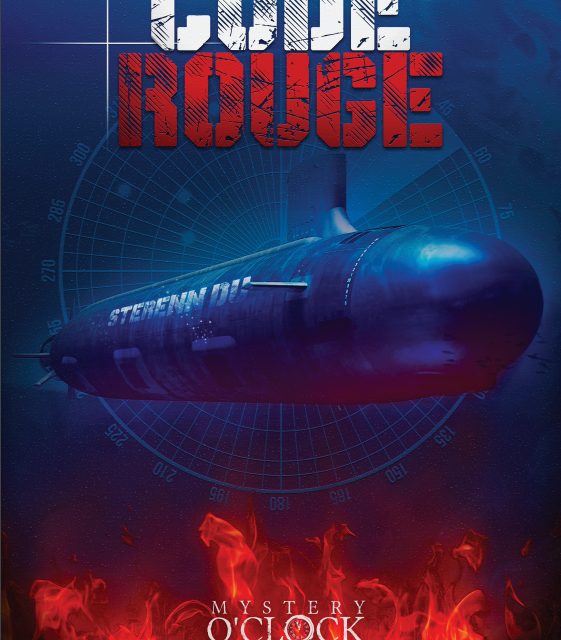 Sous-marin sombre dans un ciel bleu et flammes rouges, titre Code rouge, salle chez Mystery O'Clock à Brest