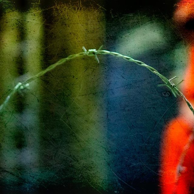 Cellule de prison avec barreaux métalliques et fleurs rouges en arrière-plan flou
