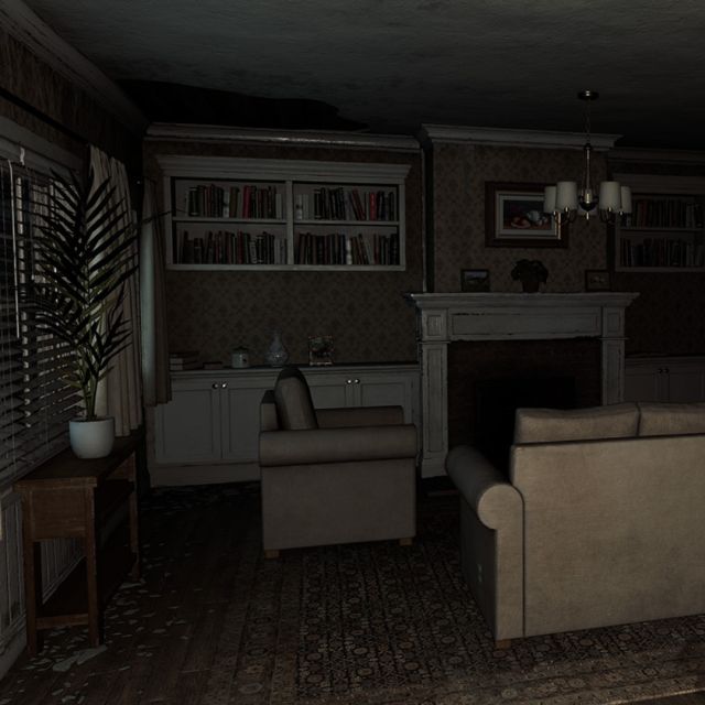 Salon sombre avec canapés, cheminée et rideaux clairs devant la fenêtre, jeu House of Fear Cursed Souls chez Inoui VR à Lille