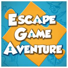 Logo d'Escape Game Aventure, escape game à Puteaux, avec motif de puzzle doré et trésor archéologique