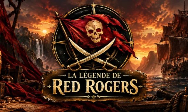 Navires de pirates, crâne et sabres croisés sur drapeau rouge dans La Légende de Red Rogers