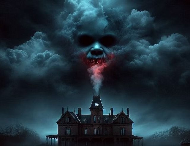Manoir sombre sous un ciel d'orage, nuages formant un visage hurlant, salle Paranormal chez Time Adventure à Reims