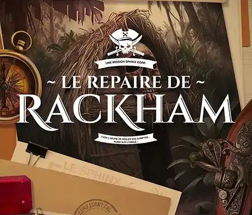Affiche Le Repaire de Rackham, une mission Sphinx Corp., sur fond de jungle et de boussole