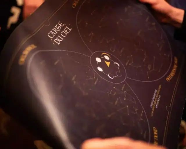 Carte du ciel étoilé tenue entre des mains, salle La fortune du fondateur chez Gaillard Académie à Brive-la-Gaillarde