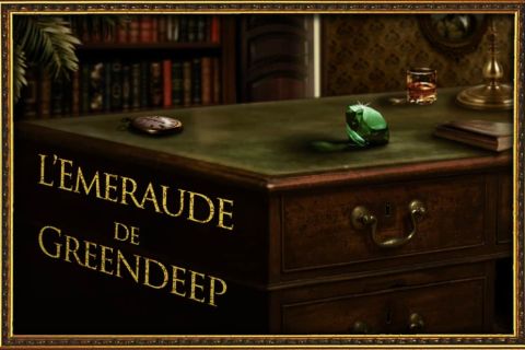Bureau en bois avec émeraude verte, livres et verre, dans L'Emeraude de Greendeep