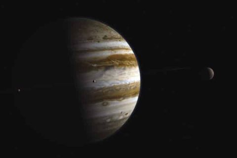 Jupiter et ses lunes dans l'espace noir, décor science-fiction de la salle Europa