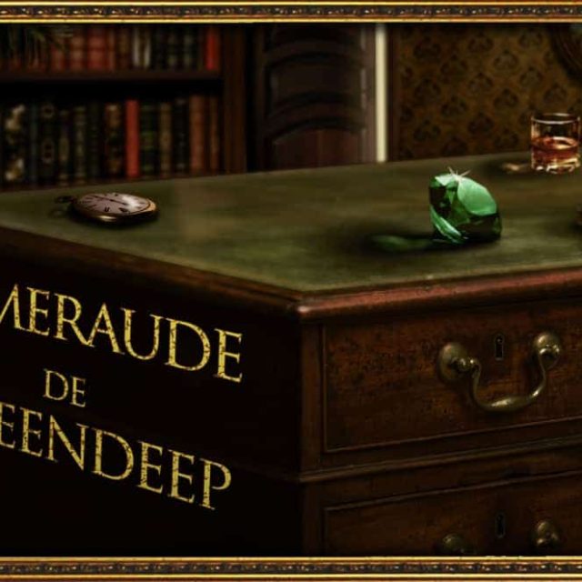Bureau aux lambris boisés, émeraude verte sur le meuble, dans L'Emeraude de Greendeep