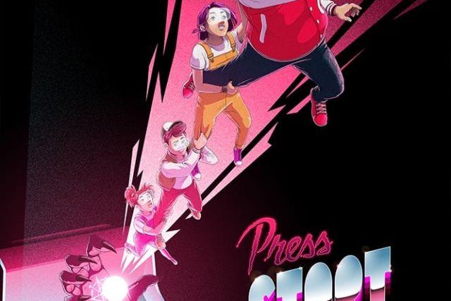 Affiche Press Start : deux personnages dessinés bondissant sur une traînée rose, Virtual Room à Saran