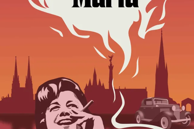Affiche Mamma Mafia : femme au cigare sur fond de ville rouge et orange, salle chez Goodlock à Bordeaux