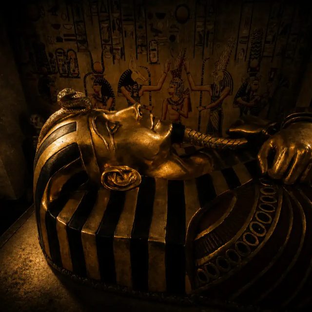 Sarcophage doré et hiéroglyphes dans La Malédiction du Pharaon à Osny