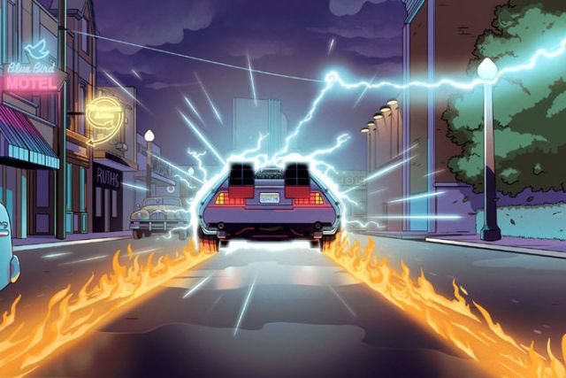 Voiture filant dans une rue de nuit, traînées de feu et éclairs, visuel de Back in time: Wild West