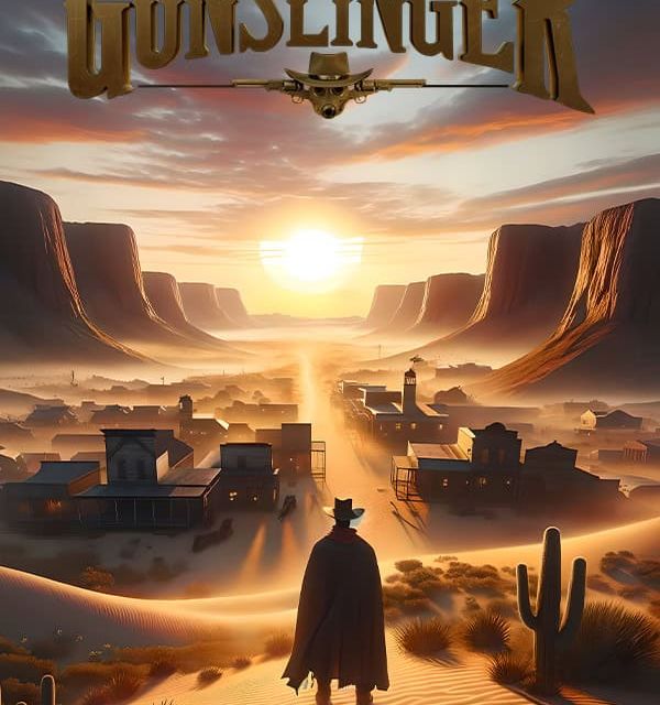 Affiche Gunslinger : cow-boy de dos dans un désert au soleil couchant, jeu en réalité virtuelle de Cérébra VR à Mérignac
