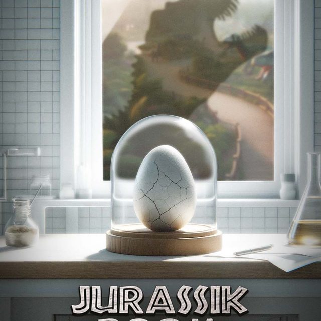 Affiche Jurassik Room : œuf sous cloche devant une fenêtre et ombre de dinosaure, enseigne Team break à Terville