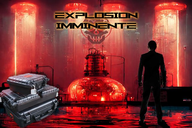 Silhouette face à un réacteur rouge et mallettes cadenassées, affiche d'Explosion Imminente