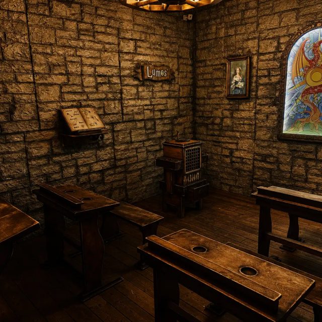 Salle voûtée de pierre avec pupitres, vitrail coloré et lampes, salle La prophétie des sorciers chez Freeing à Chambly