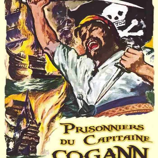 Affiche jaune de la salle Prisonniers du Capitaine Cogann, pirate au sabre et drapeau noir, Panic Room à Brest
