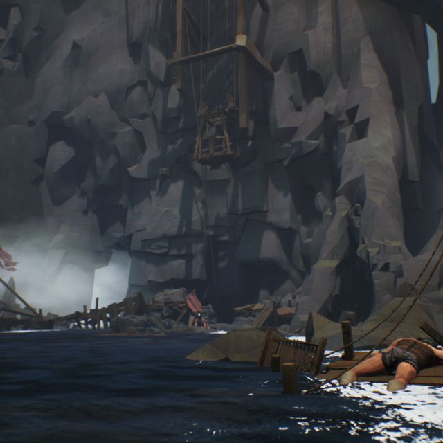 Ponton en bois et épave sur une mer sombre entre des falaises brumeuses, jeu Ascenders chez Inoui VR à Lille
