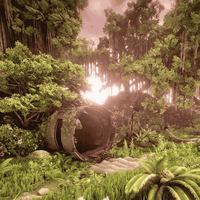 Sous-bois tropical dense avec un tronc creux couché et une lumière rose, décor virtuel de la salle Survival chez Inoui VR