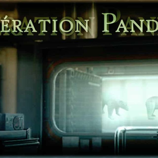 Intérieur futuriste sombre avec écrans lumineux montrant des silhouettes de pandas, chez Break out à Voglans