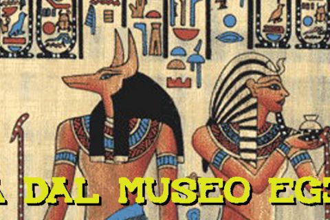 Papyrus peint montrant Anubis et un pharaon, affiche de la salle Fuga Museo Egizio