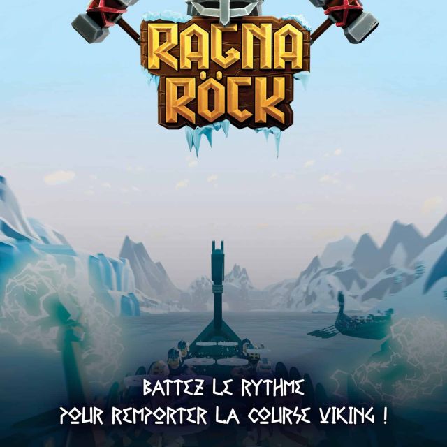 Affiche Ragna Rock : casque de viking à cornes sur un paysage de fjord glacé, texte Battez le rythme, Cérébra VR à Mérignac