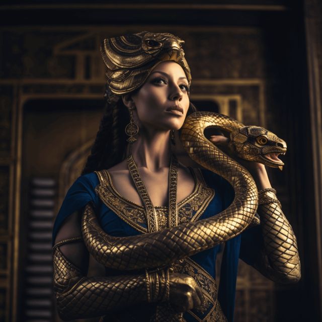 Reine égyptienne enlacée par un serpent doré, univers du Mystère du serpent d'or