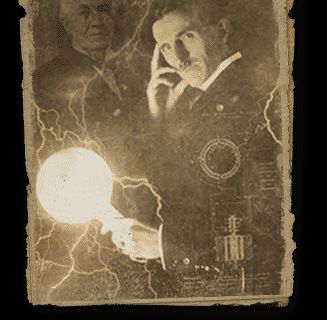 Affiche vintage avec deux hommes, éclairs et globe lumineux, décor steampunk de L'Atelier TESLA