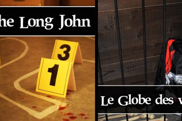 Bandeau double : plan numéroté jaune The Long John et squelette dans un décor, salle Le Globe des Vents, Mindpark Colmar