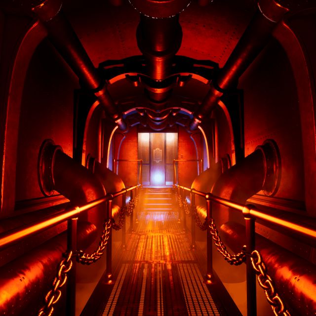 Couloir d'ascenseur rouge et orange fermé par des chaînes, enseigne Virtual Escape à Tours