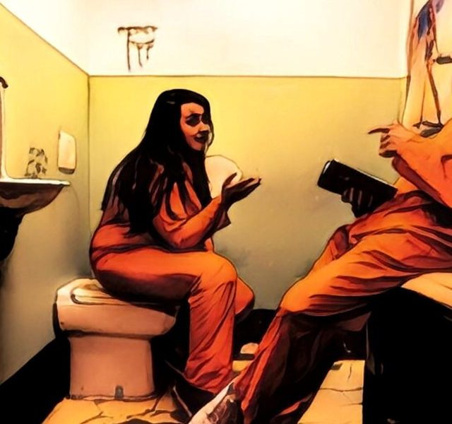 Deux détenus en combinaison orange dans une cellule jaune avec lavabo et toilettes, salle L'aventure totale chez Mission Exit