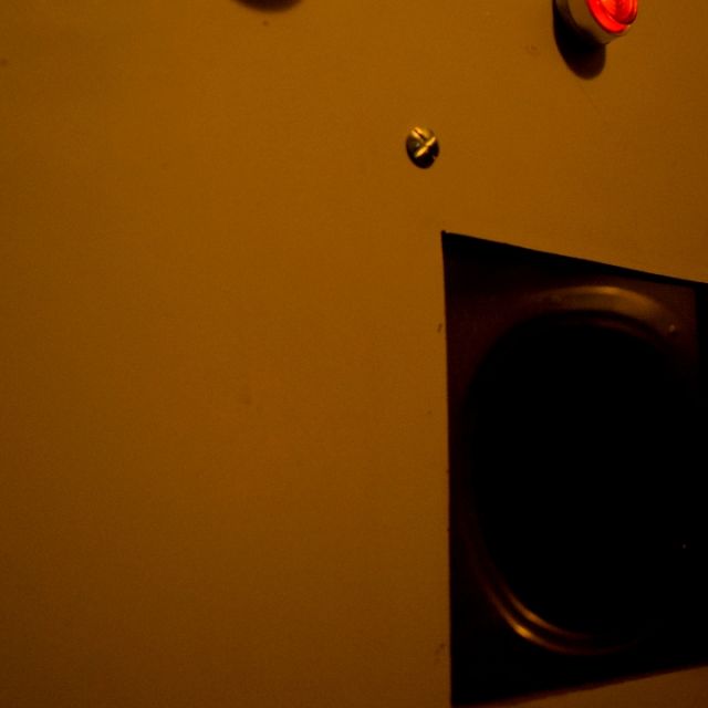Paroi jaune-brun avec trappe carrée et petits voyants, salle Tchernobyl chez Wood Escape à Locquignol