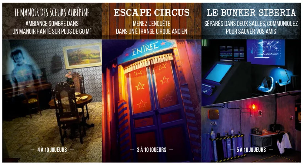 Trois salles d'Escape Time Paris-Saclay : manoir gothique, cirque ancien, bunker futuriste avec écrans
