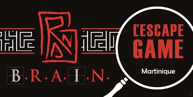 Bandeau BRAIN L'Escape Game Martinique : logo rouge et lettres B.R.A.I.N. dans une loupe blanche, Le Lamentin